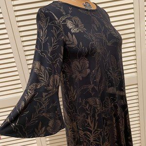 LILLY PULITZER Mini Jersey Dress Black With Gold Flowers Size M Bell Sleeves